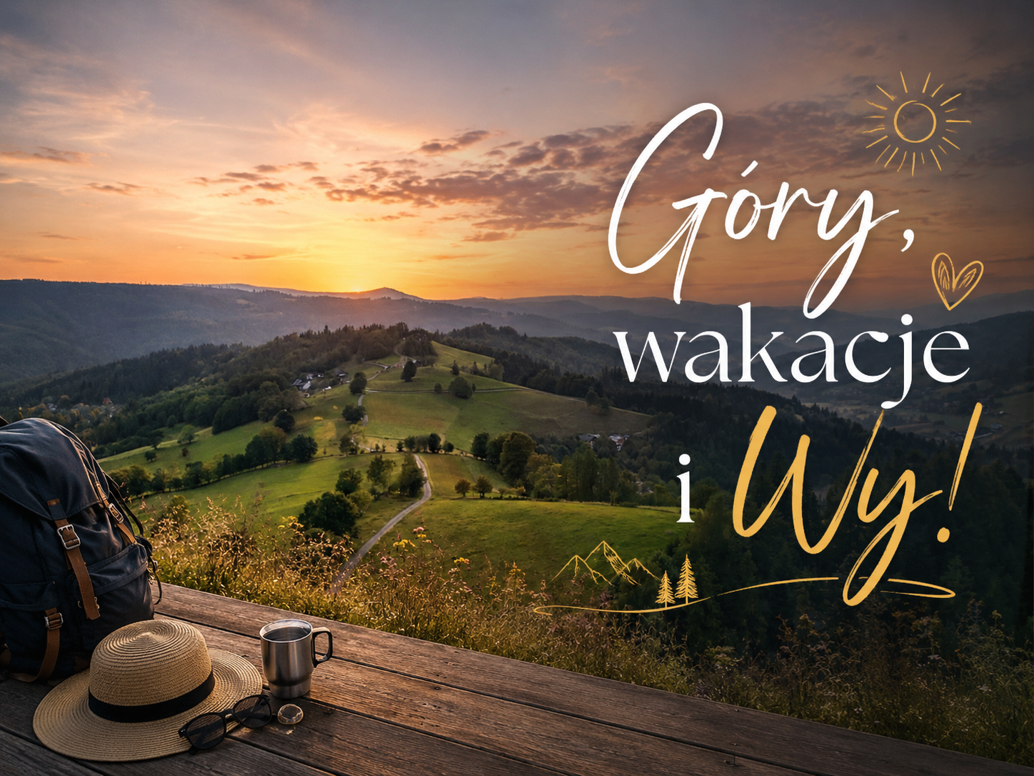 Letni zachód słońca nad beskidzkimi wzgórzami z napisem Góry, wakacje i Wy!