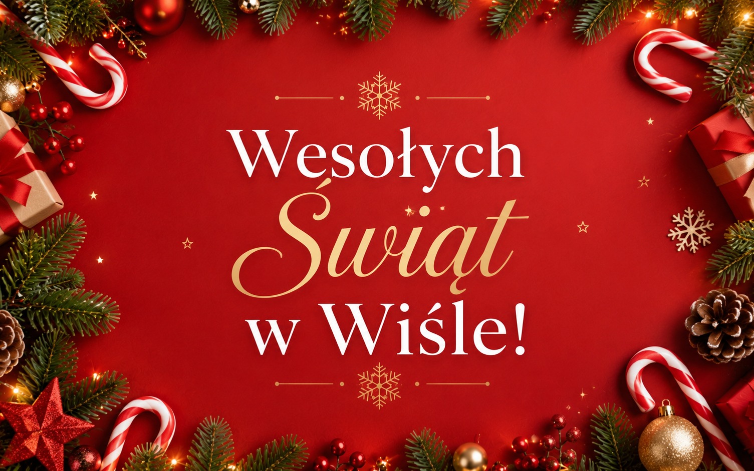 Świąteczna kompozycja z gałązkami jodły i bombkami z napisem Wesołych Świąt w Wiśle