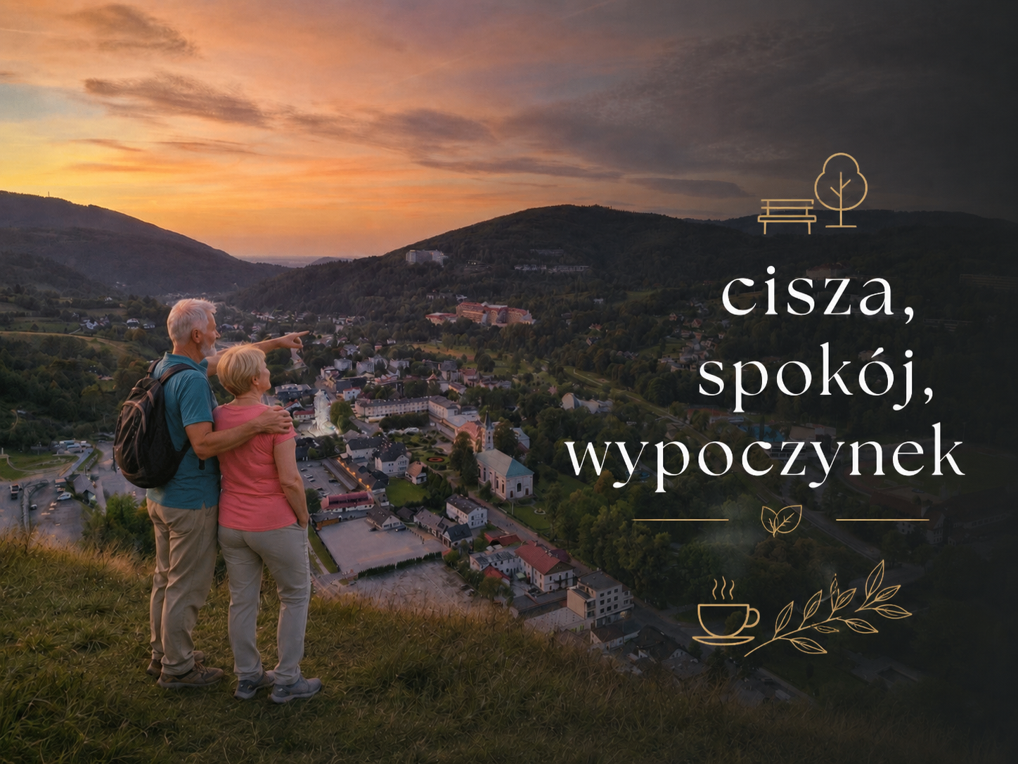 Starsza para podziwiająca panoramę Wisły o zachodzie słońca z napisem cisza, spokój, wypoczynek