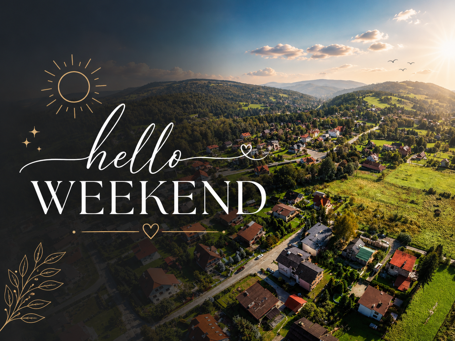Panorama Wisły z lotu ptaka z napisem hello weekend